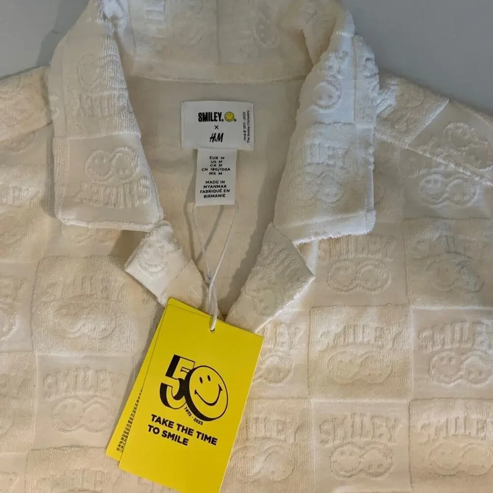 H&M Smiley Shirt Women M Medium Baby Yellow Button Up Relaxed Fit Terry Embossed